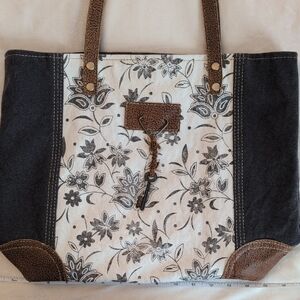 Myra Bag Navy and Cream Floral Tote with Brown Details